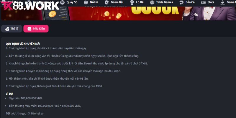 Điều kiện TX88 thưởng vé nạp may mắn 8888K
